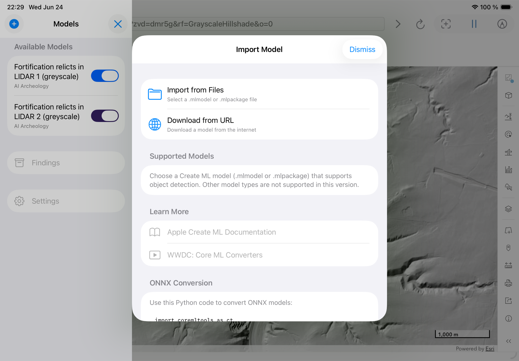 Dialog „Modell importieren“ mit den Optionen Dateien, URL, Create ML und ONNX
